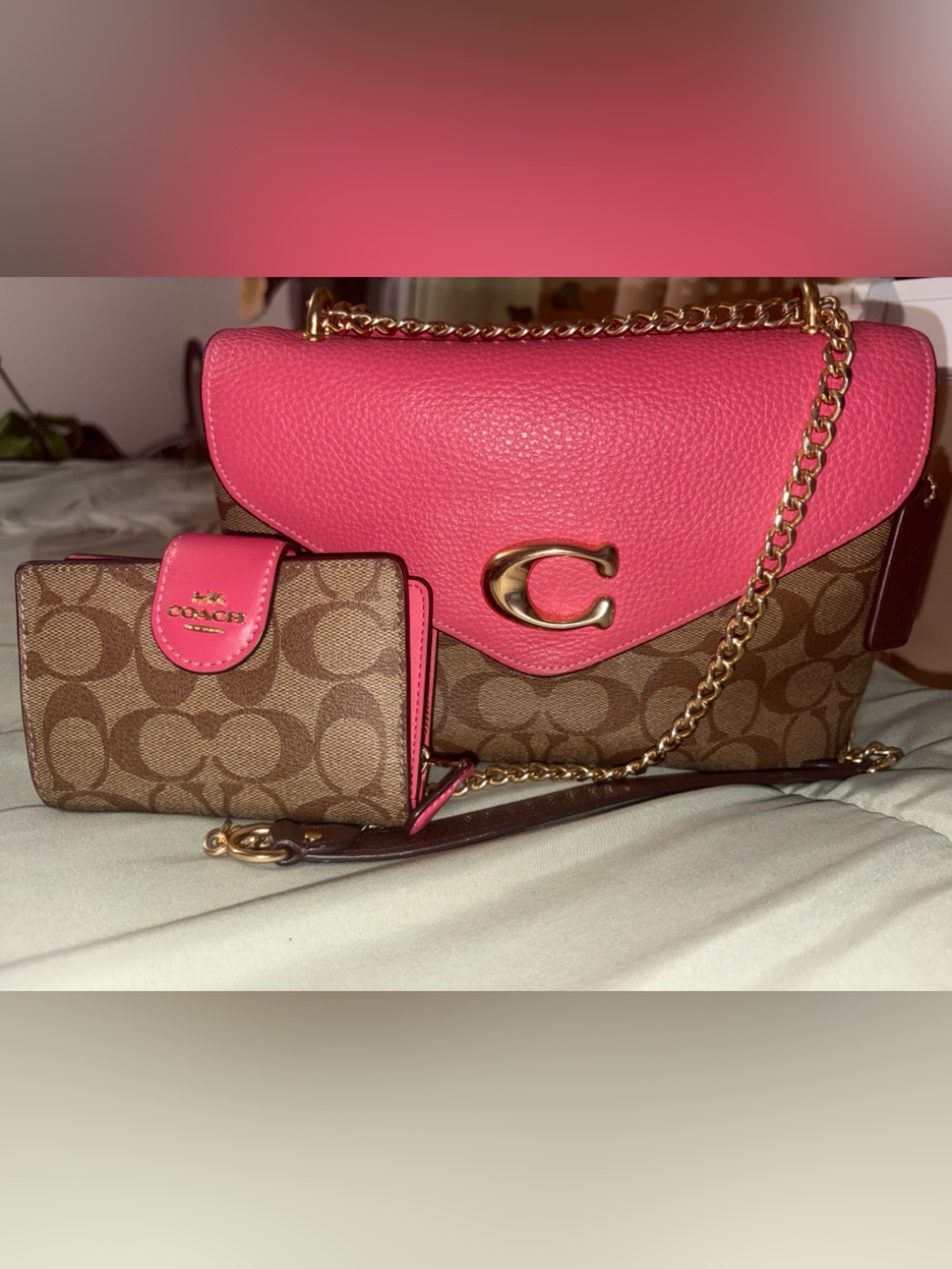 Coach Hot Pink Flap Signature Canvas Crossbody with Gold Chain Detail